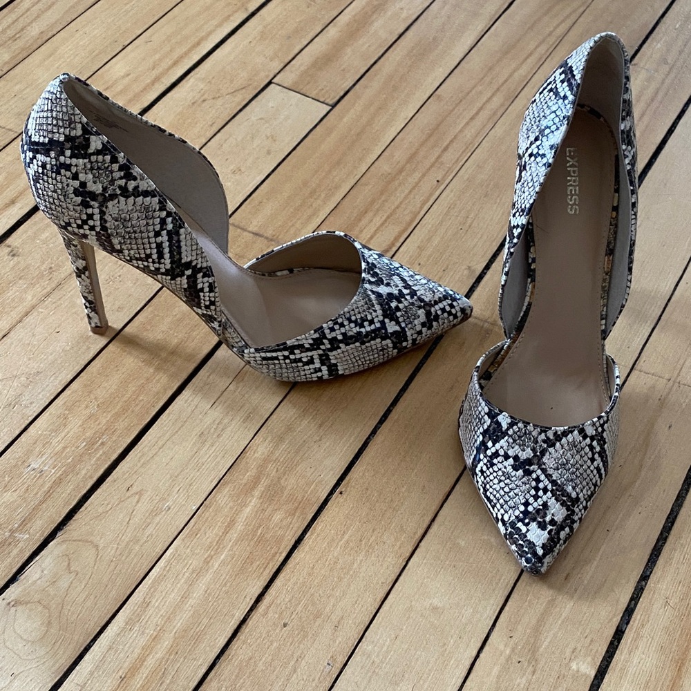 Express Brown and White Snakeskin Heels